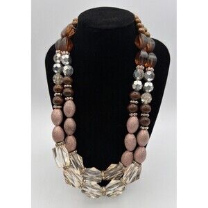 Chunky Multi Strand Beaded Necklace Brown Amber Gold Statement Bib Necklace